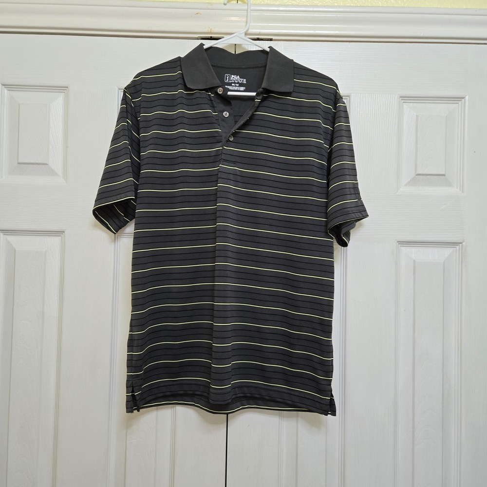 PGA TOUR Mens Medium Golf Polo Shirt Gray Neon Striped Short Sleeve